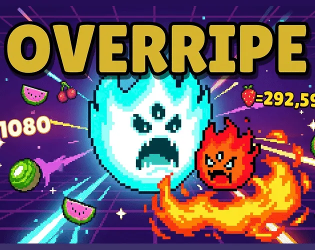 Overripe cover: the game's title over two monsters and flying fruit
